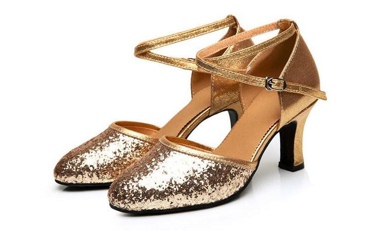 Gouden dames glitter dansschoenen dans hakken salsa tango, Verzenden, Nieuw, Overige kleuren, Dansschoenen