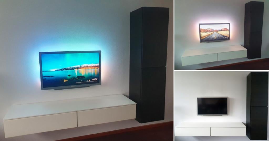 SET: hoogglans wit zwevend tv meubel + bruin/zwarte hangkast, Ophalen, 150 tot 200 cm, Zo goed als nieuw, Minder dan 100 cm