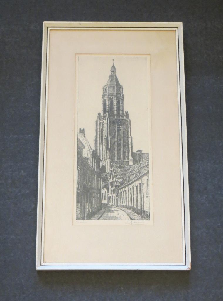 Arnhem ets Marius Janssen Trompetsteeg Grote Kerk, Antiek en Kunst, Kunst | Etsen en Gravures, Ophalen of Verzenden