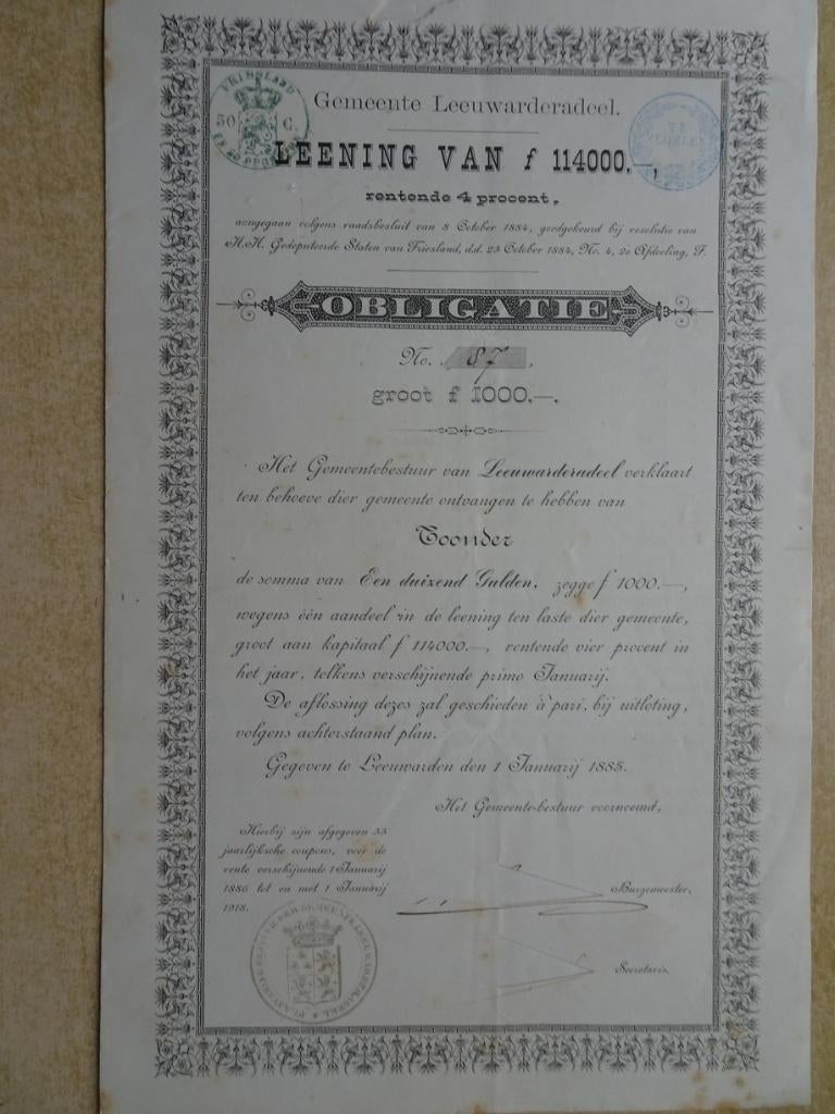 Obligatie Gemeente Leeuwarderadeel groot 1000 gulden 1885, Ophalen of Verzenden, Voor 1920, Obligatie of Lening