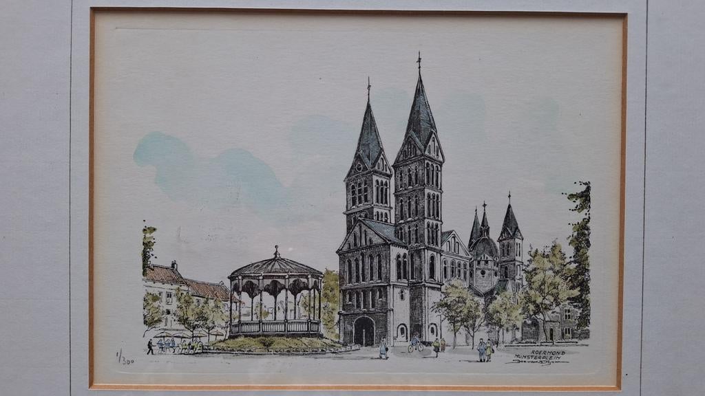 Munsterkerk en kiosk Roermond in lijst Jos van Dijk, Antiek en Kunst, Ophalen