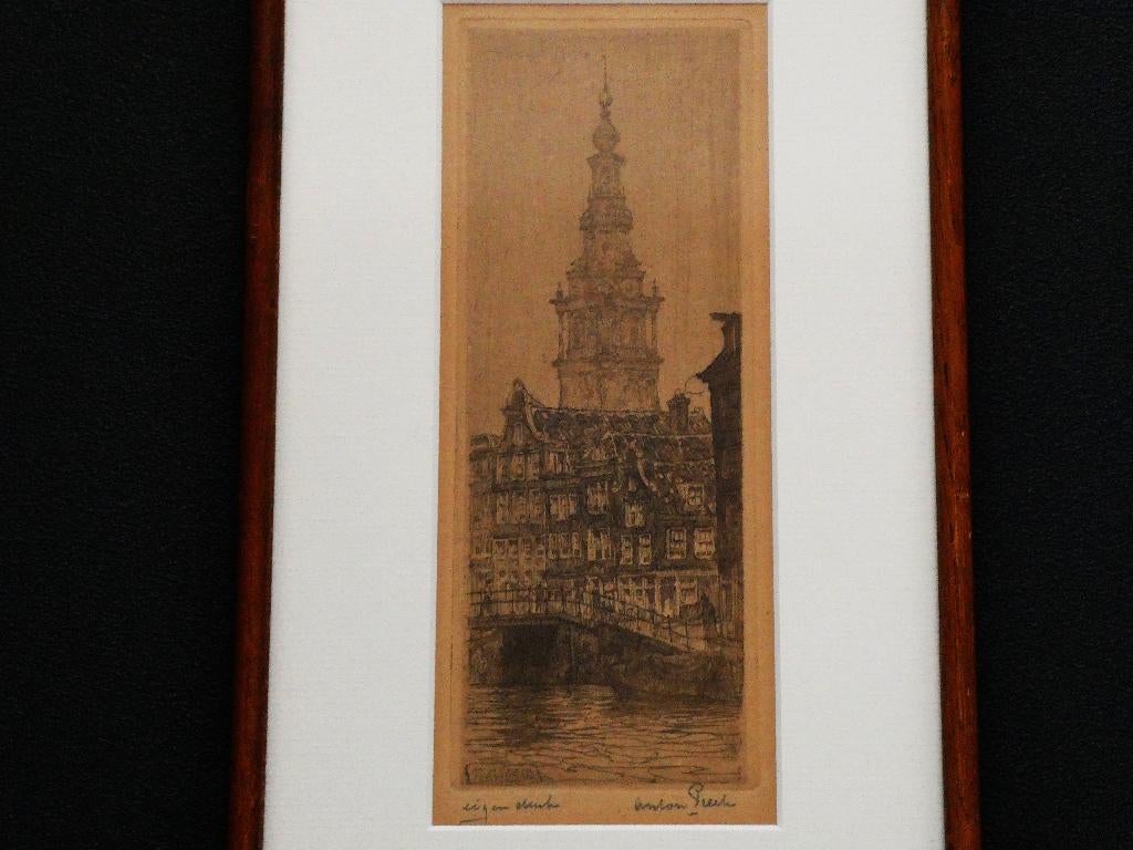 Originele ets Anton Pieck Zuiderkerktoren Amsterdam Gesign., Ophalen of Verzenden