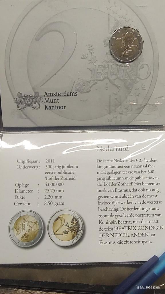 2 Euro Herdenkingsmunt Nederland 2011 - 500 jr Erasmus, Ophalen of Verzenden, Koningin Beatrix, Euro's, Losse munt