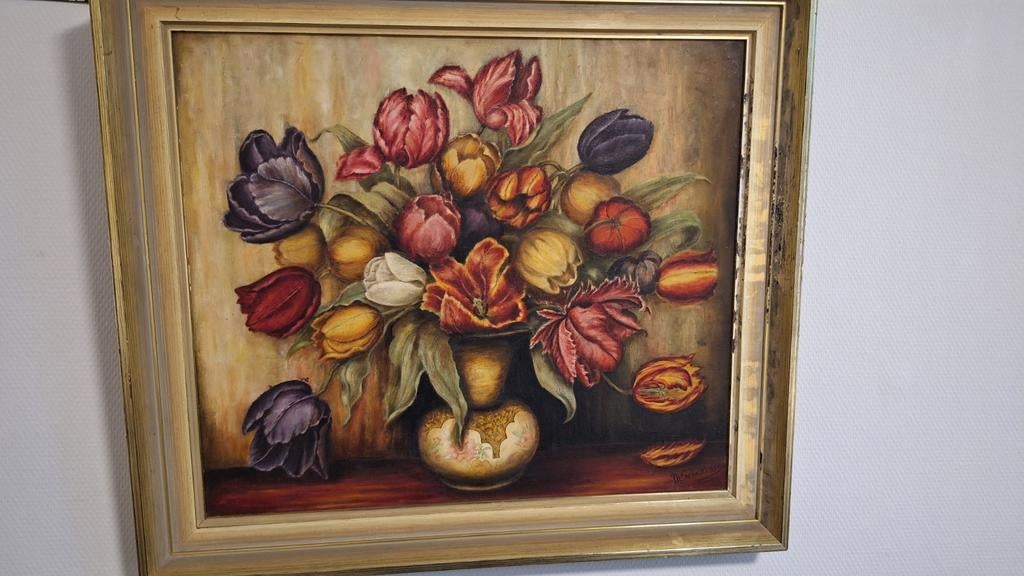 Olieverf schilderij  met bloemen, Antiek en Kunst, Ophalen of Verzenden