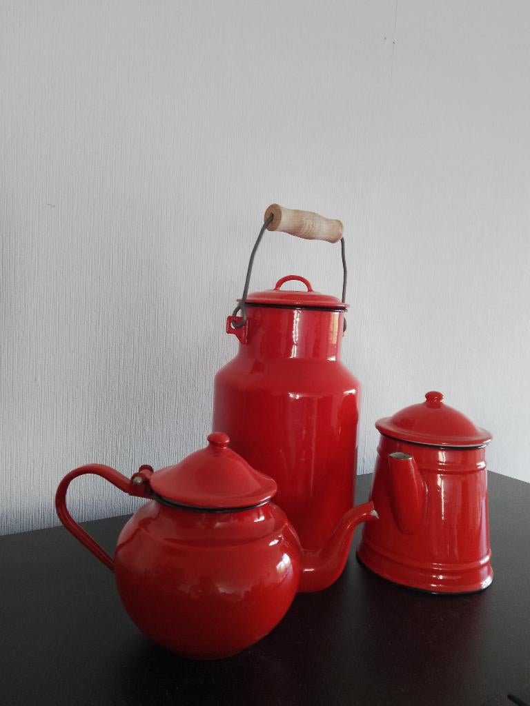 Emaille Set - Melkkan, Theepot & Schenkkruik - Rood, Ophalen of Verzenden