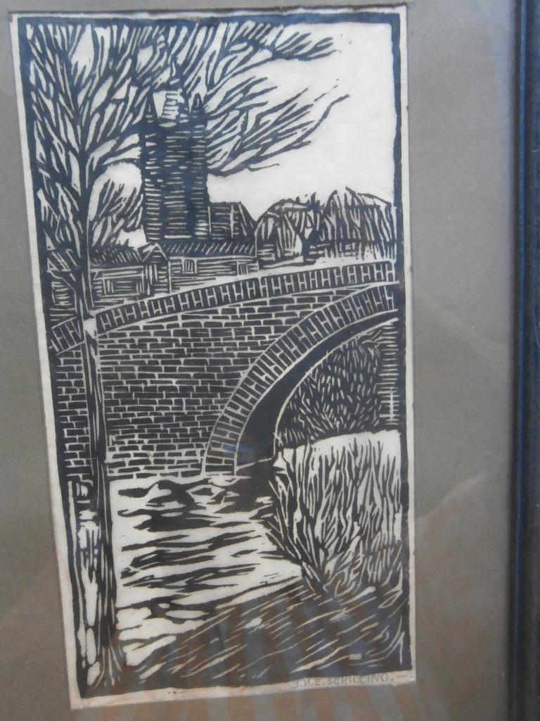 J.H.E SCHILLING, Mooie Houtsnede, Bruggetje/Toren, Ophalen of Verzenden