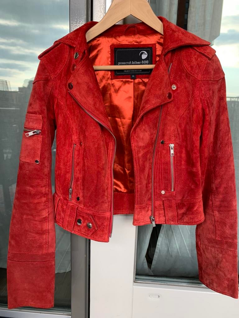 Rood suede biker 406 jas, Goosecraft, maat xs, Ophalen, Zo goed als nieuw, Maat 34 (XS) of kleiner, Rood