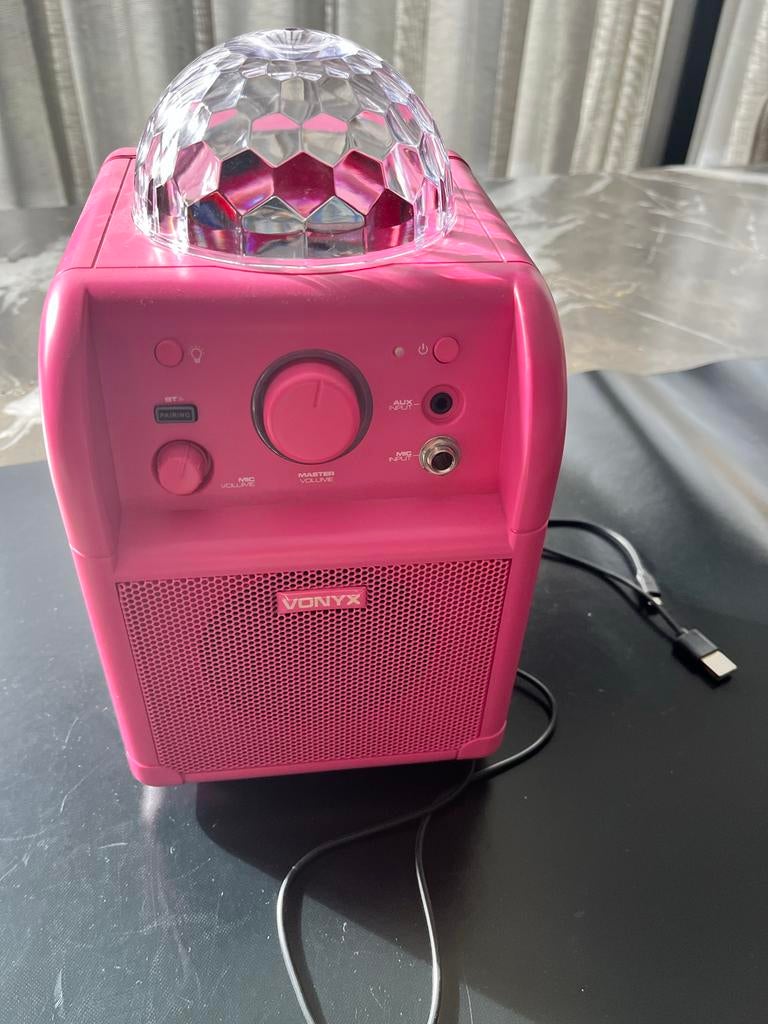 Vonyx SBS50P Karaoke Disco Set - Roze Party Speaker, Ophalen of Verzenden, Zo goed als nieuw, Complete set