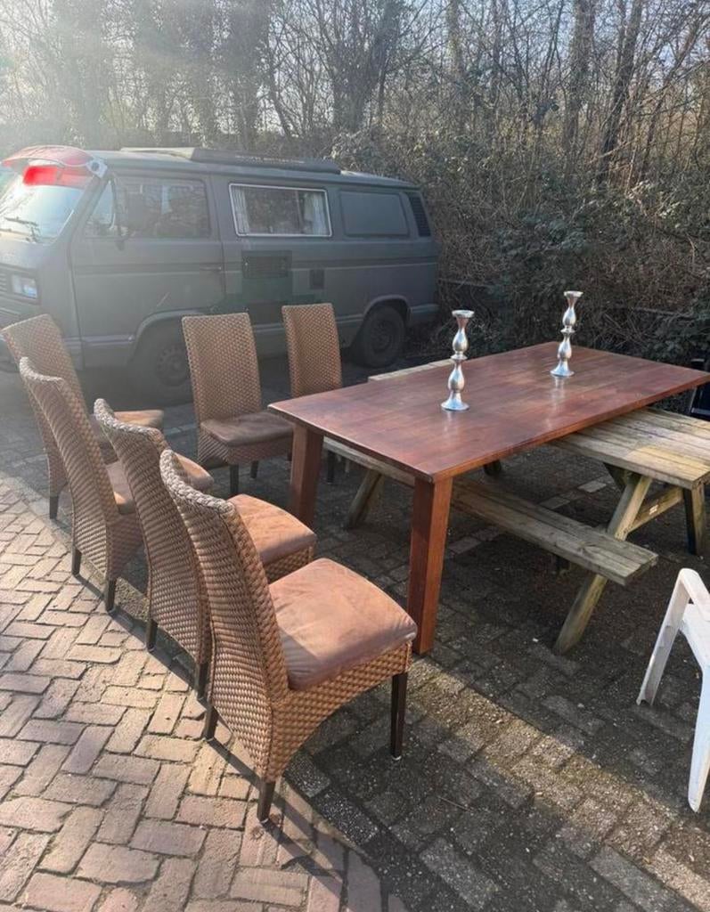 Mooie tafel complete set met 6 stoelen, Huis en Inrichting, Ophalen of Verzenden, Zo goed als nieuw, 4 tot 6 stoelen