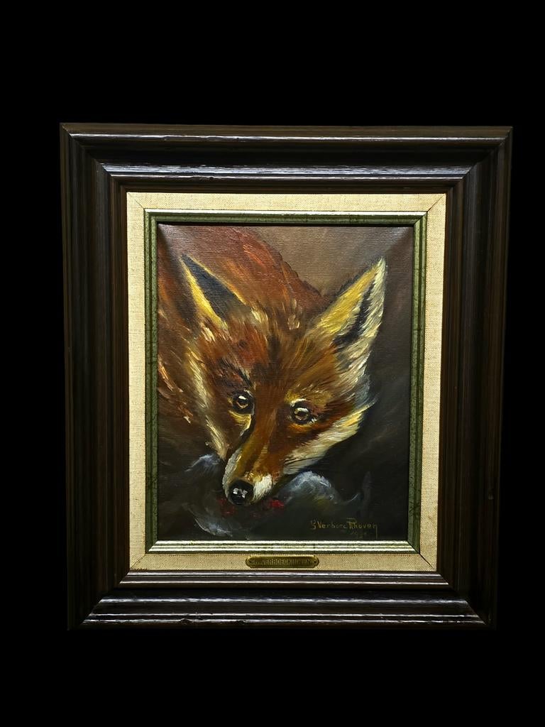 Olieverfschilderij Vos met prooi - Gesigneerd, Antiek en Kunst, Kunst | Schilderijen | Klassiek, Ophalen of Verzenden