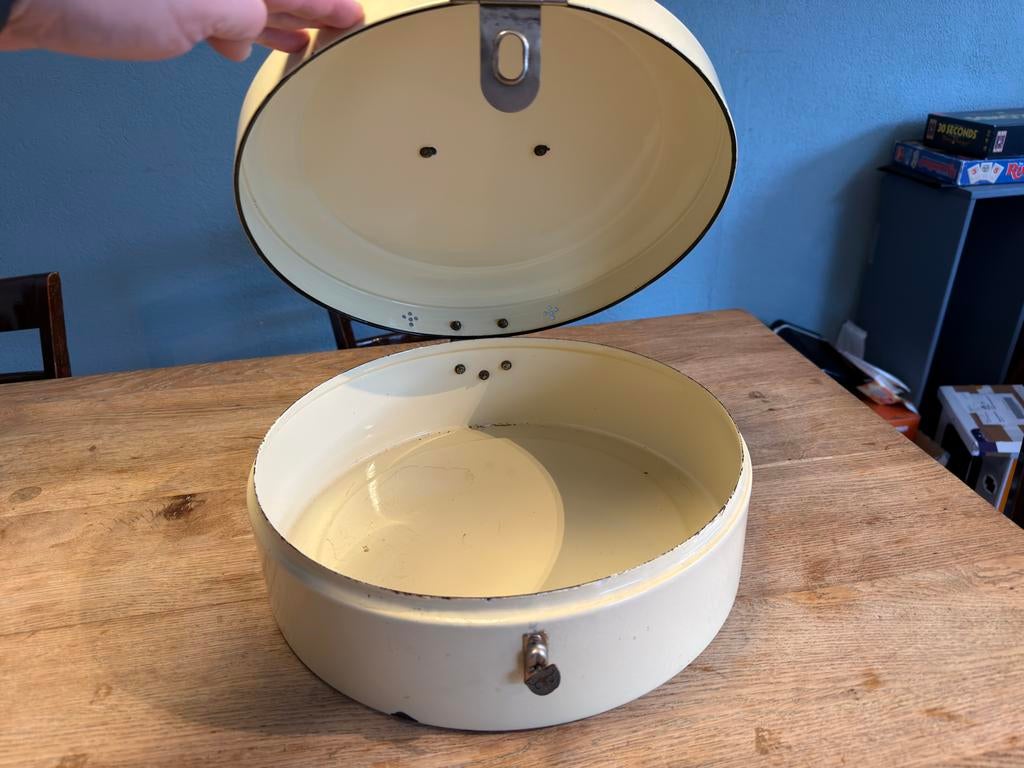 Vintage lichtgele emaille broodtrommel jaren '40, Antiek en Kunst, Ophalen of Verzenden