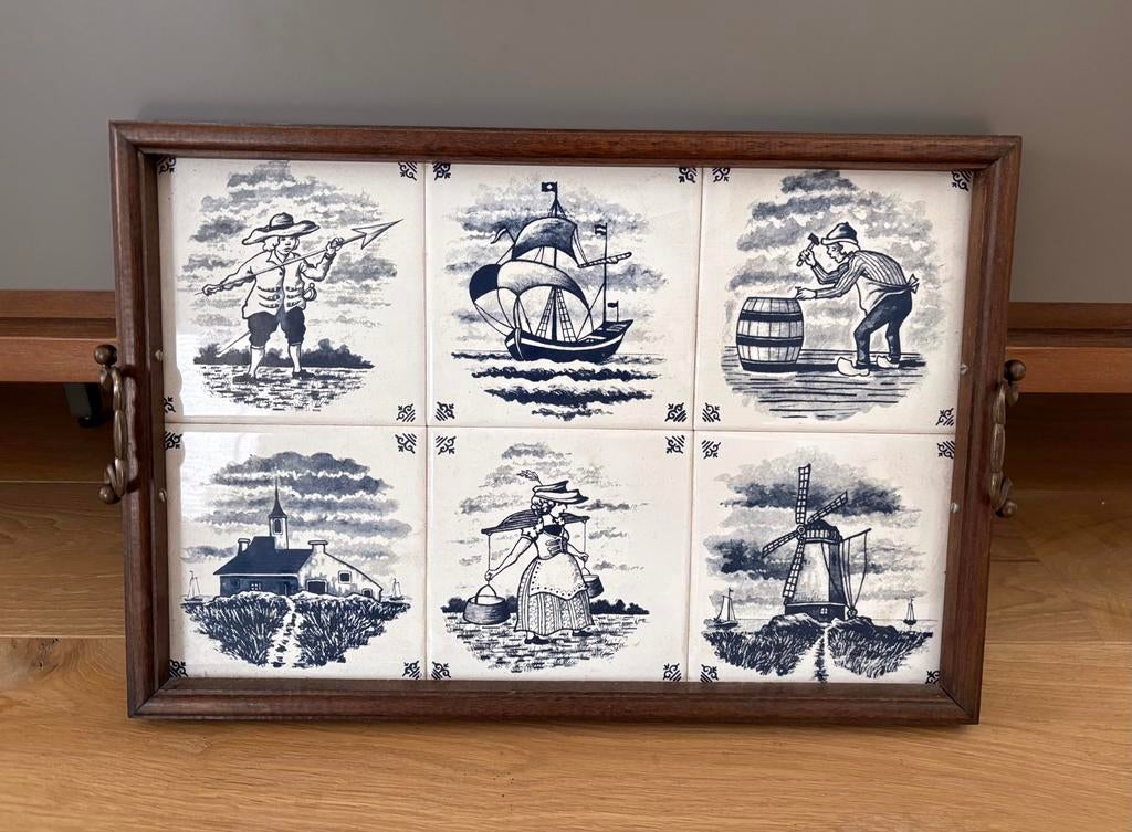 Vintage dienblad met Delftsblauwe tegels, Ophalen of Verzenden