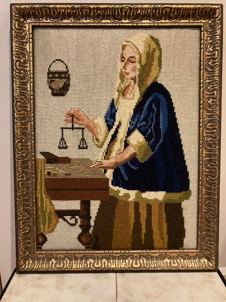 Geborduurd schilderij wol Vermeer De Goudweegster, Ophalen of Verzenden, Zo goed als nieuw, Handborduren, Overige typen