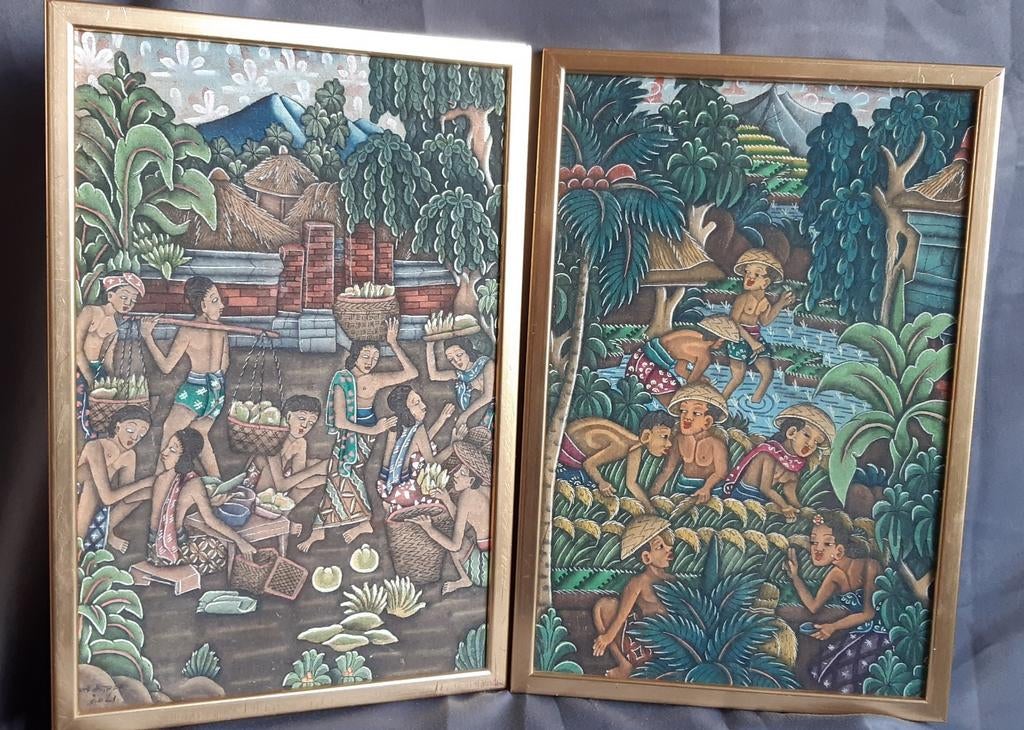 Twee Balinese olieverf schilderijen, Ophalen of Verzenden
