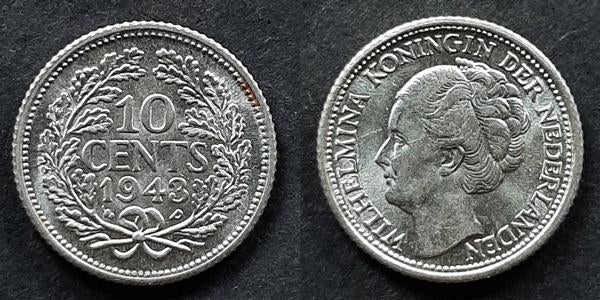 10 cent 1943 ep Pr-FDC, Verzenden, Koningin Wilhelmina, 10 cent, Zilver