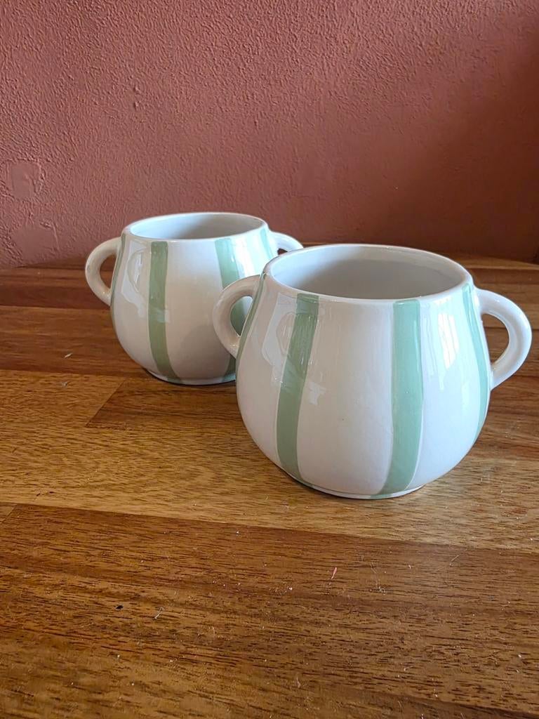 2 kleine bloempotten met groene strepen, Rond, Ophalen of Verzenden, Aardewerk, Minder dan 40 cm