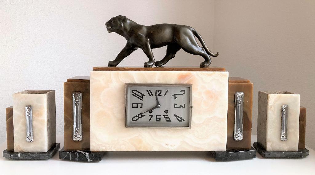 art deco klokkenstel pendule met panter Frankrijk jaren 30, Ophalen of Verzenden