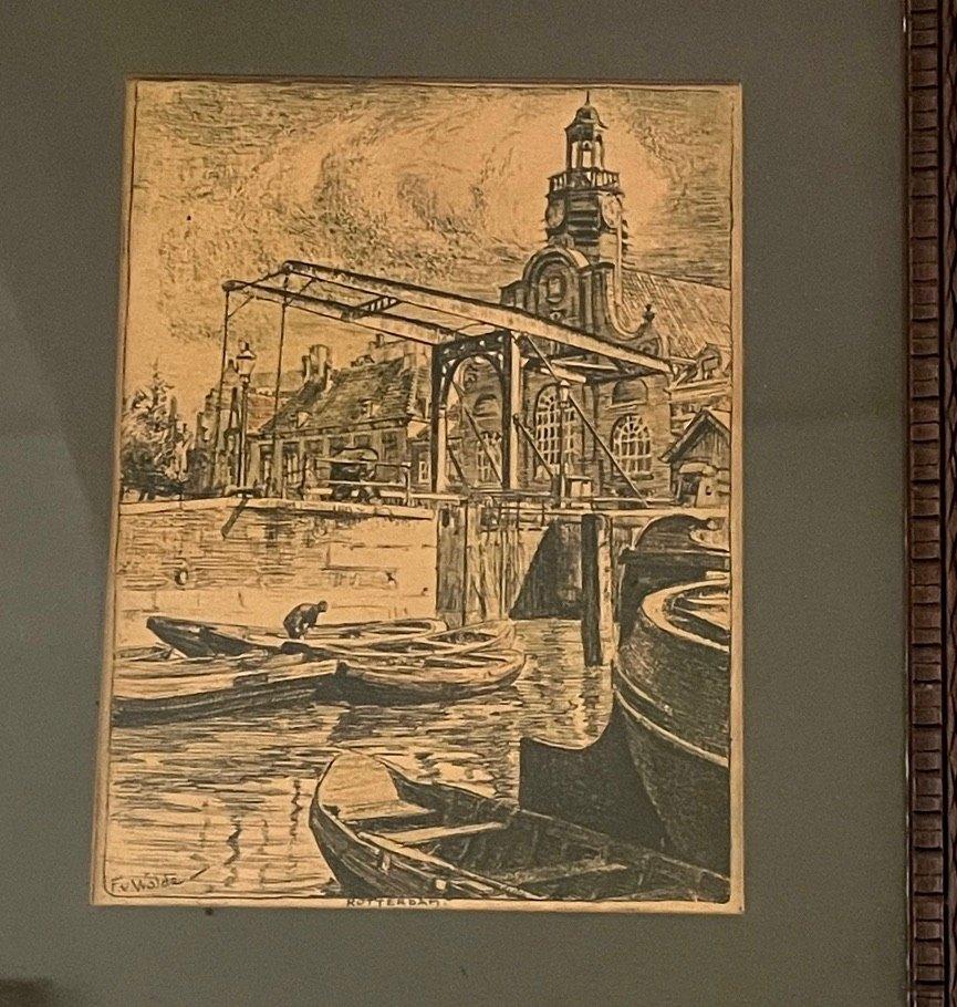 Oude prent van tekening van Rotterdam, Antiek en Kunst, Ophalen of Verzenden