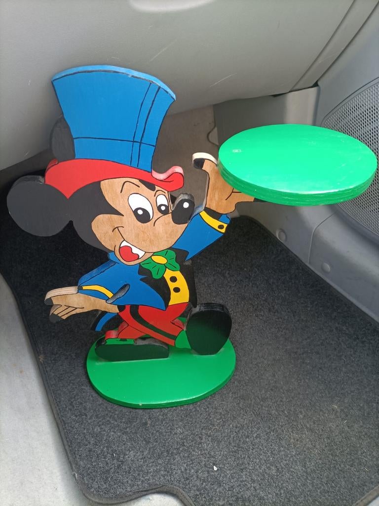 Vintage Mickey Mouse houten beeldje met dienblad, Ophalen, Mickey Mouse, Gebruikt, Beeldje of Figuurtje