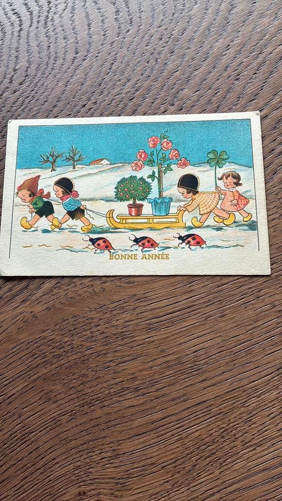 Lieveheersbeestjes aan de wandel. Kinderen,slee,klaver,boom, Ophalen of Verzenden, 1920 tot 1940, Gelopen, Kinderen