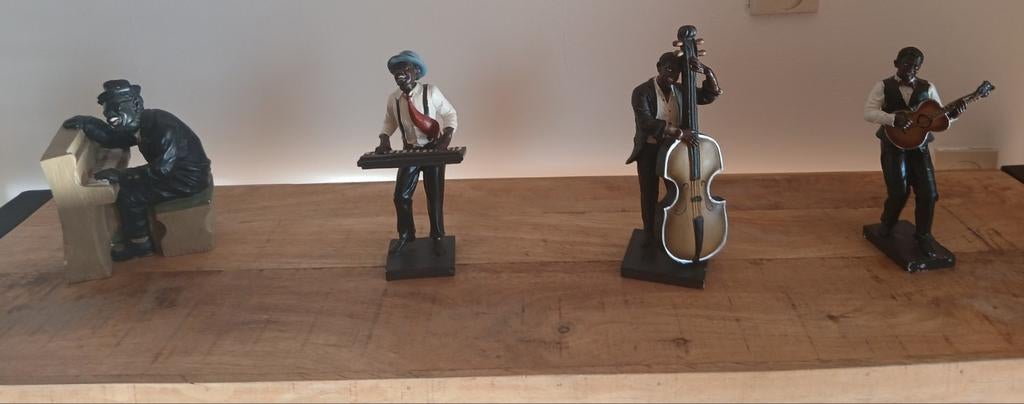 Set van 4 Jazz Muzikanten Beelden - Piano, Gitaar, Contrabas, Groep mensen, Ophalen of Verzenden, 20 - 50 cm, Beeld