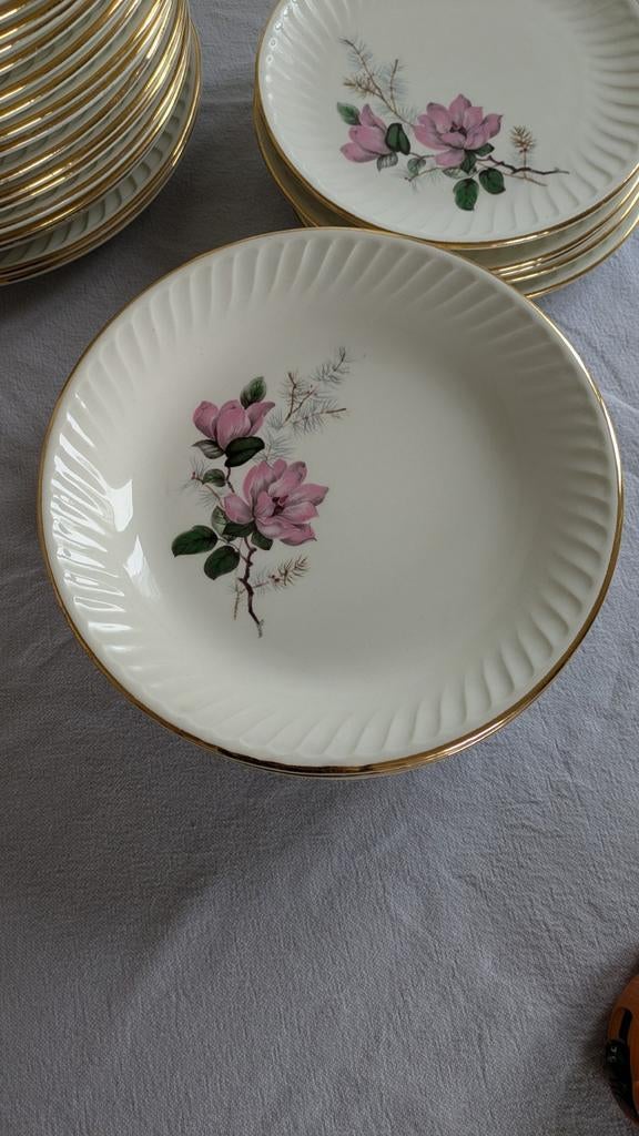 Franse Gien Vintage borden bloemen en goud Chenonceau, Ophalen of Verzenden, Porselein, Overige stijlen, Bord(en)