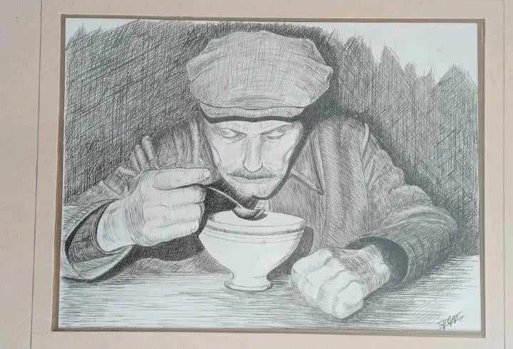 Medard Tytgat originele tekening etende man, Ophalen of Verzenden