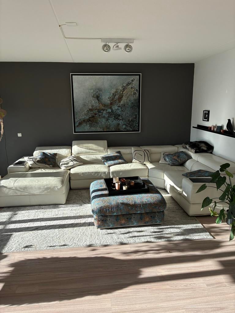 Luxe witte hoekbank met hocker, Ophalen, Gebruikt, 100 tot 125 cm, Hoekbank