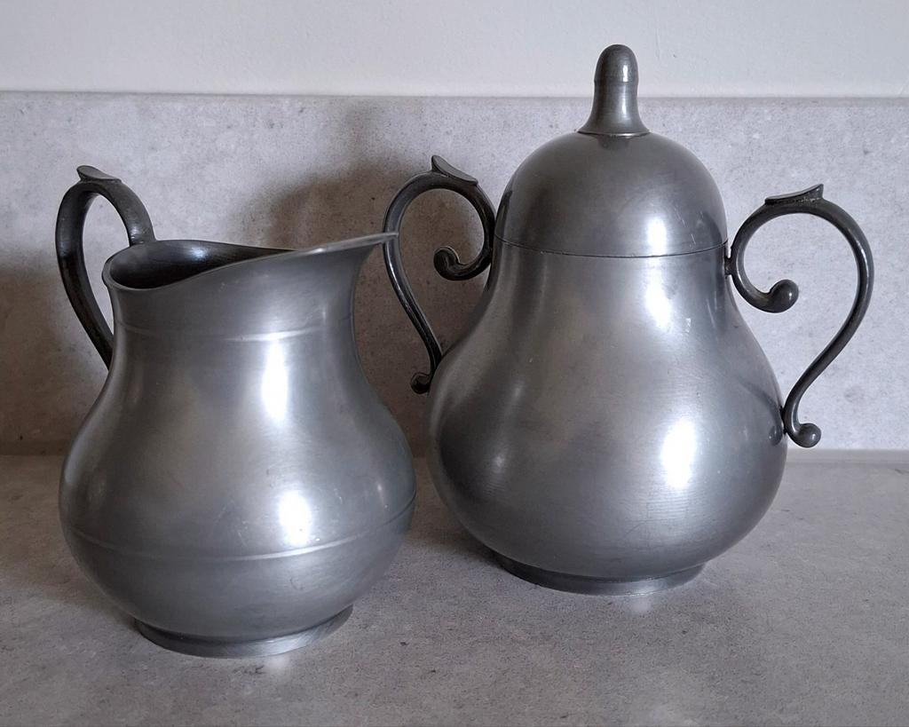 Antiek Tinnen Roomstel - Melkkan & Suikerpot, Ophalen of Verzenden