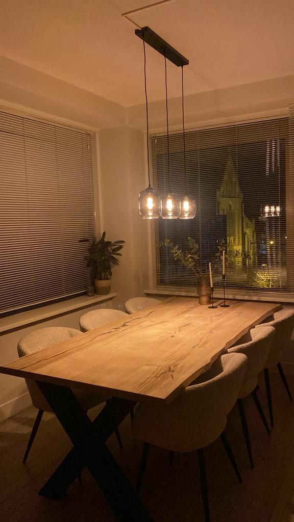 Eettafel met massief eiken boomstamblad *ZO GOED ALS NIEUW*, Ophalen, Eikenhout, 200 cm of meer, Scandinavisch