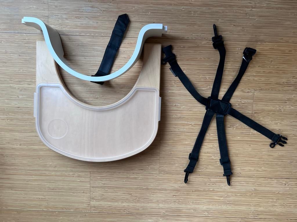 Kidsmill Eetblad Naturel, Voorbeugel Wit, Tuigje & Traytop, Ophalen, Gebruikt, Meegroeistoel