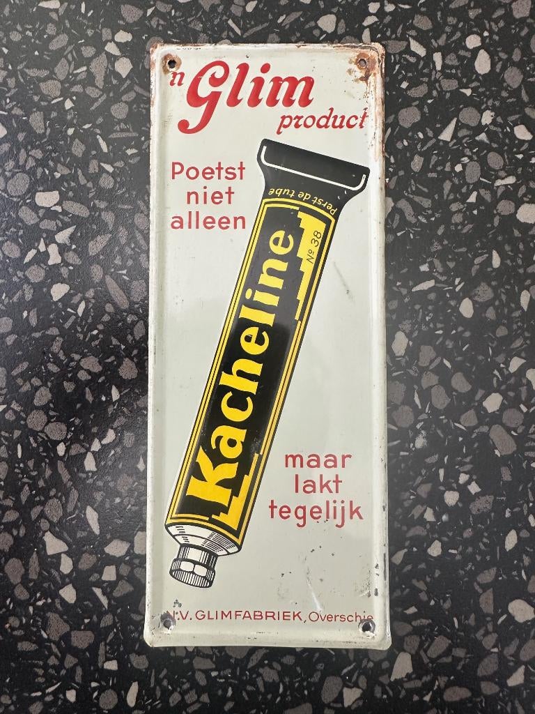 Mooi stokoud blikken KACHELINE deurpostje. Glim product., Ophalen of Verzenden, Gebruikt, Reclamebord