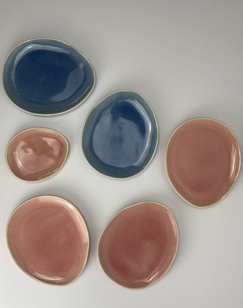 Set 6 Jewel keramiek servies geglazuurd craquelé roze blauw, Huis en Inrichting, Keuken | Servies, ., Ophalen of Verzenden, Zo goed als nieuw