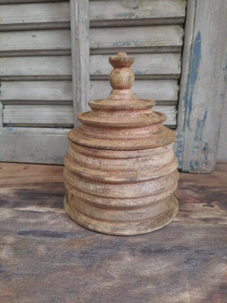 Oude houten tabakspot houten pot met deksel stoer sober, Ophalen, Gebruikt
