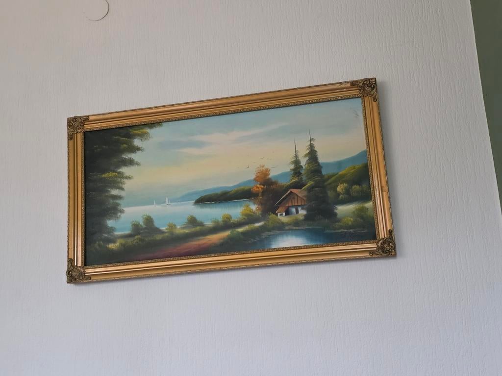 Bob Ross Stijl Schilderij in Gouden Frame, Antiek en Kunst, Ophalen of Verzenden