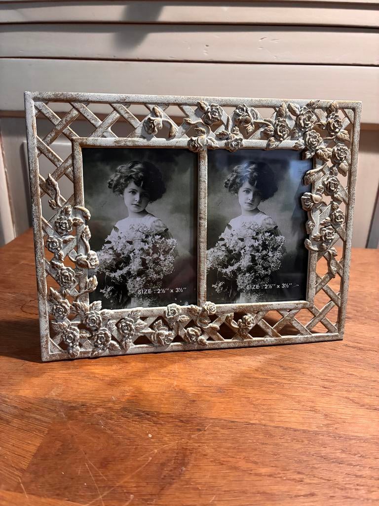 Antieke fotolijst met rozen en traliewerk, Huis en Inrichting, Woonaccessoires | Lijsten, Ophalen of Verzenden, Gebruikt, Metaal of Aluminium