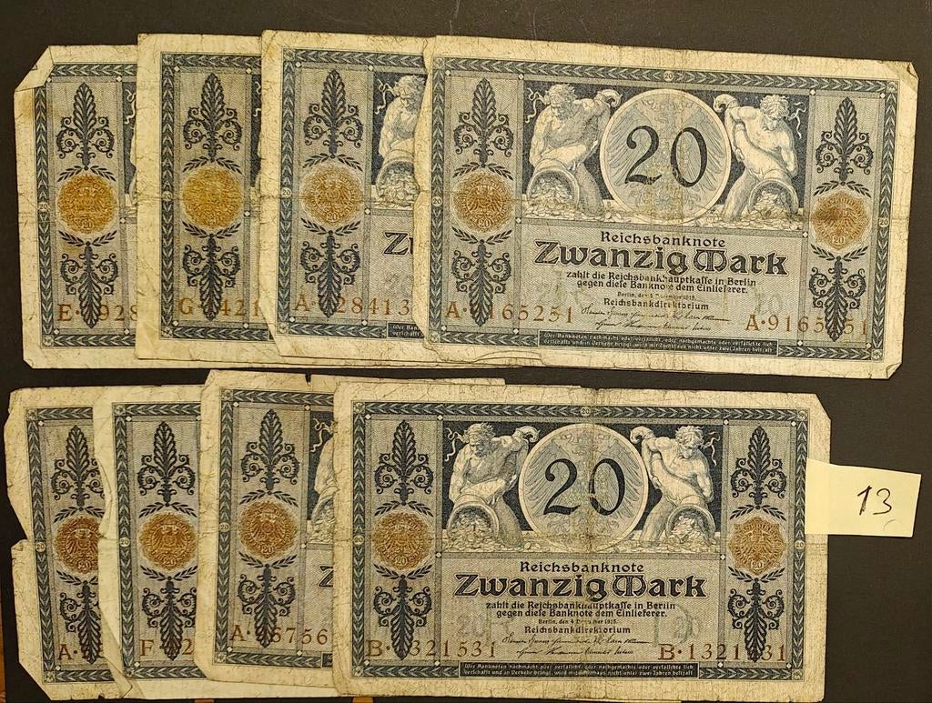 8 Reichsbanknoten 20 Mark WO1/Weimar - Origineel, Postzegels en Munten, Ophalen of Verzenden, Duitsland
