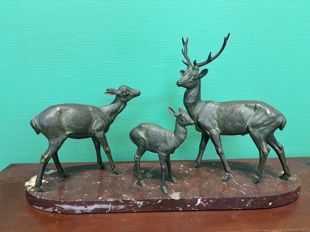 Art deco antieke bronzen herten op marmer, Antiek en Kunst, Antiek | Koper en Brons, Ophalen of Verzenden, Brons