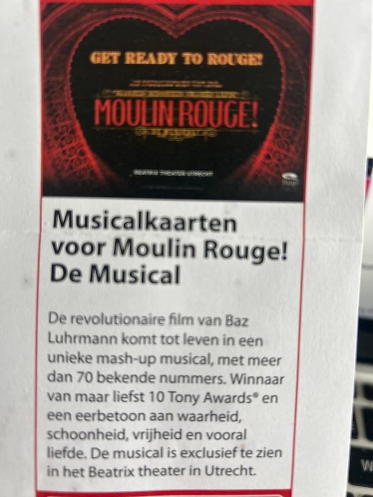 4 moulin rouge tickets! Dag zelf in te plannen in mei!, Tickets en Kaartjes, Theater | Musical, Drie personen of meer, Mei