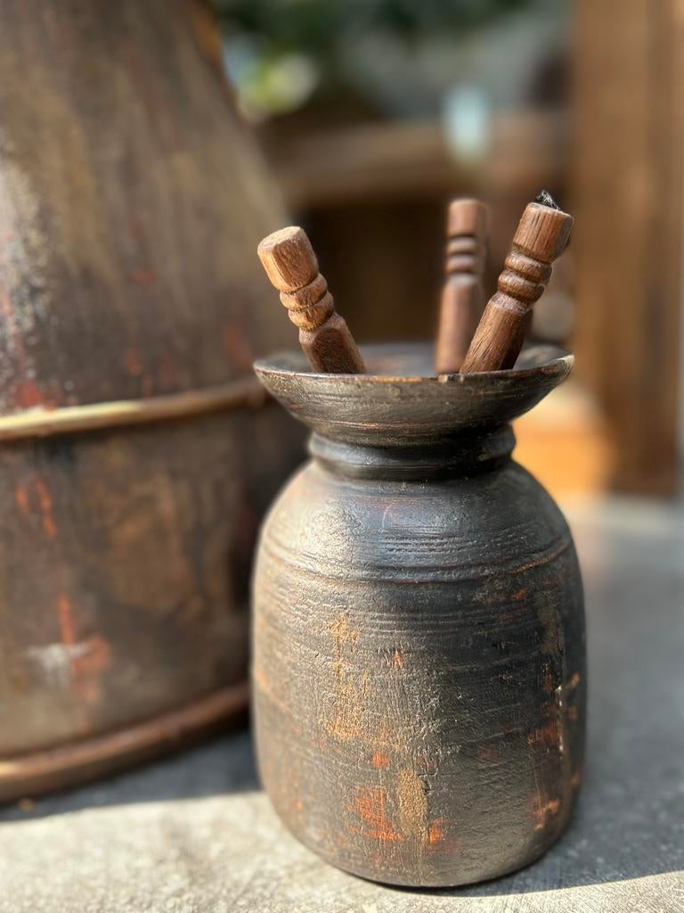 Mini India Nepal houten kruikje sober sleets oosters, Ophalen of Verzenden