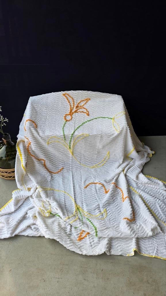 Vintage jaren zeventig Sprei 220x2210, wit, groen, geel, Gebruikt, Wit, Onbekend, Tweepersoons