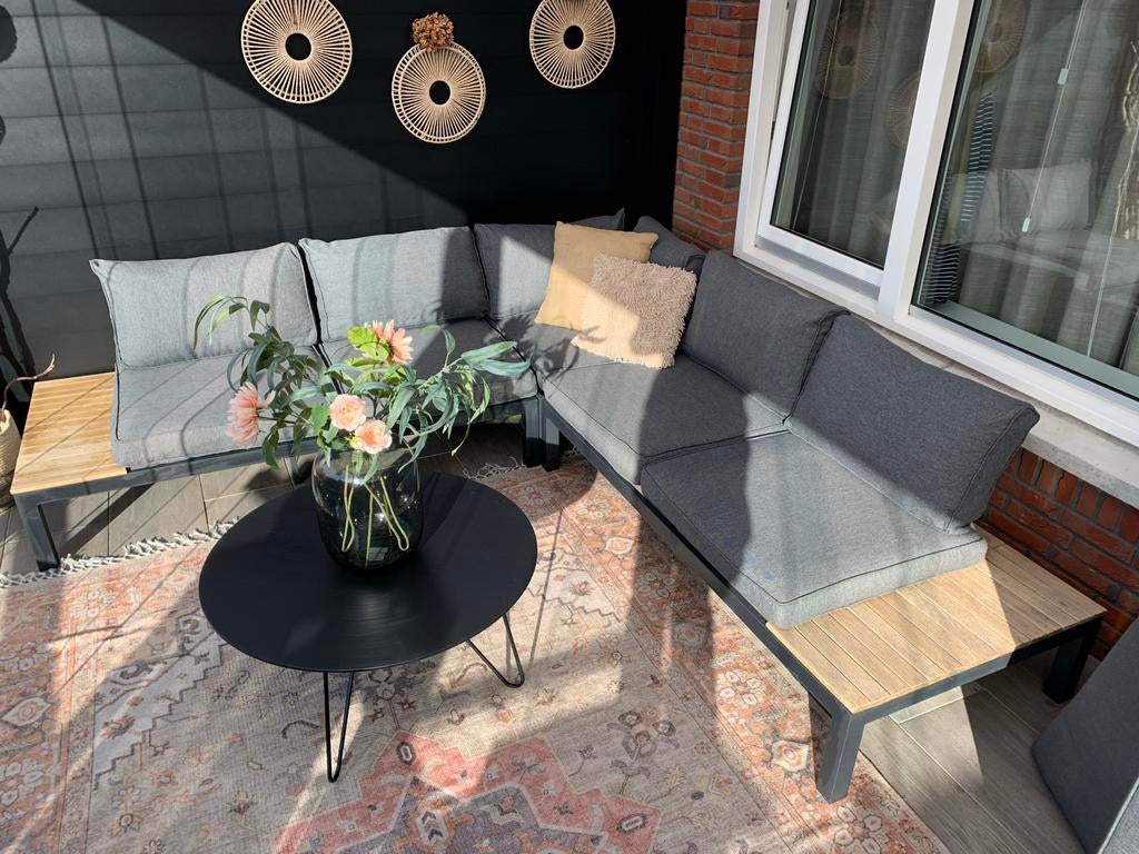 Zwart Aluminium Loungeset met Houten Plateaus en Tafel, Meer dan 8 zitplaatsen, Aluminium, Ophalen of Verzenden, Zo goed als nieuw