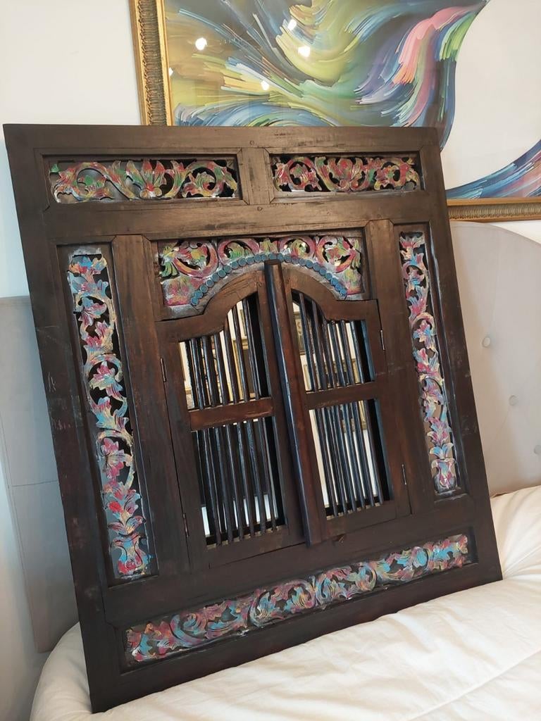 Zware Teak Houten Spiegel met Luiken 92x78cm, Ophalen of Verzenden, Rechthoekig, 50 tot 100 cm, Minder dan 100 cm