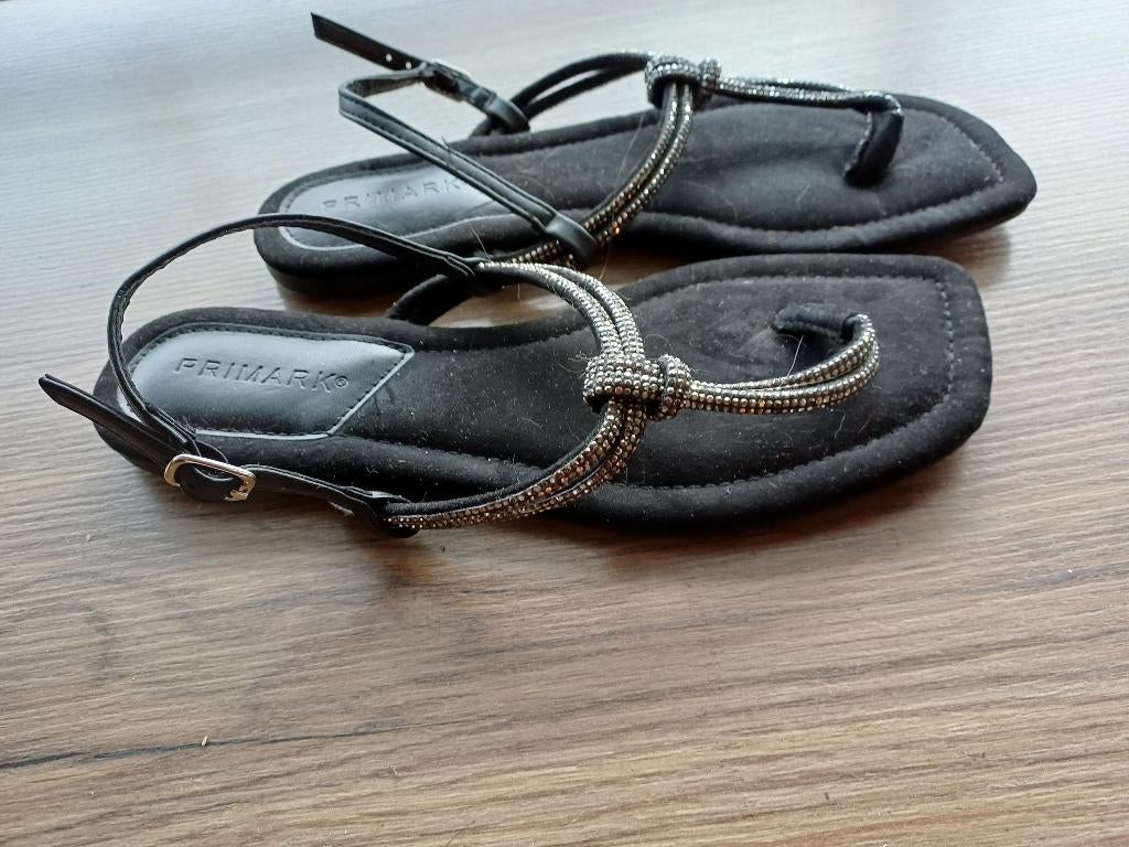 zgan.zwarte sandalen met glittersteentjes Primark mt 39, Primark, Zwart, Zo goed als nieuw, Sandalen of Muiltjes