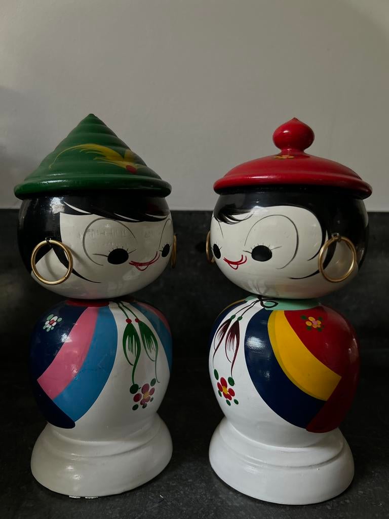 Set vintage bruidspoppen Kokeshi Wobbler Bobblehead, Ophalen of Verzenden