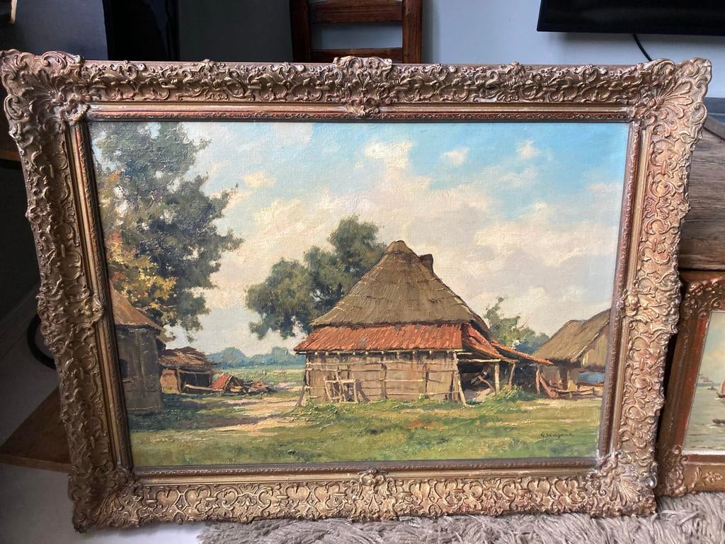 Gerard Wiegman - Landschap met boerderijen, in nette staat, Antiek en Kunst, Kunst | Schilderijen | Klassiek, Ophalen of Verzenden