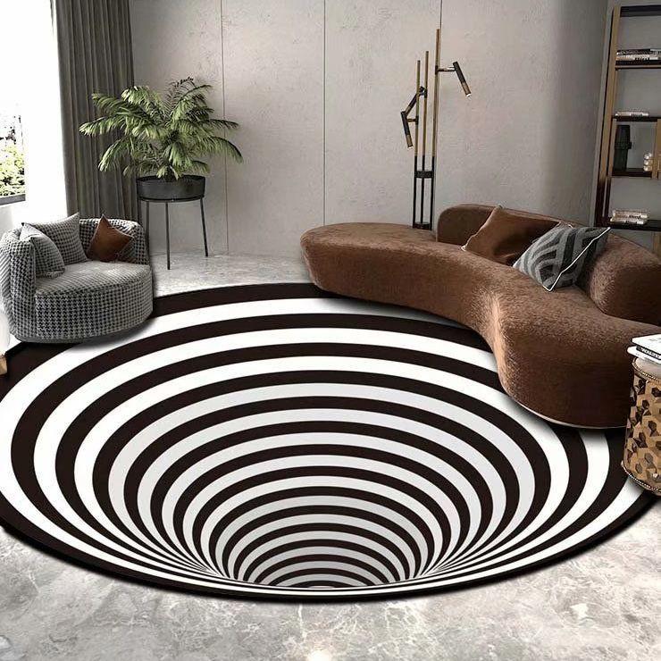 Rond Geometrisch Gat Vloerkleed 6 3D Kleed Zwart Wit Diepte, Verzenden, Rond, Zwart, Nieuw