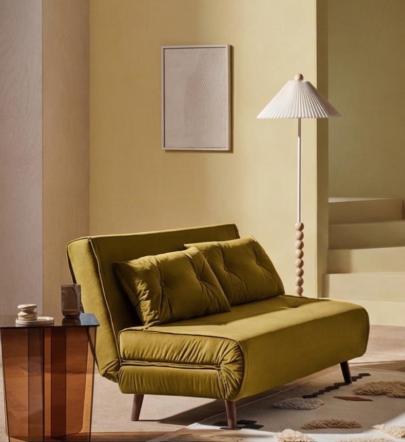 MADE Haru Double Sofa Bed Mustard Yellow/Gold Velvet, Ophalen, Tweepersoons, 75 tot 100 cm, Zo goed als nieuw