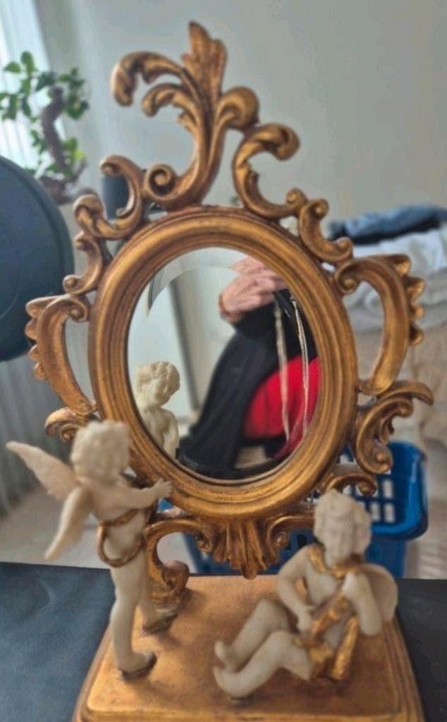 Antieke Tafelspiegel met Cherubijntjes, Ophalen of Verzenden, Ovaal, Minder dan 50 cm, Minder dan 100 cm