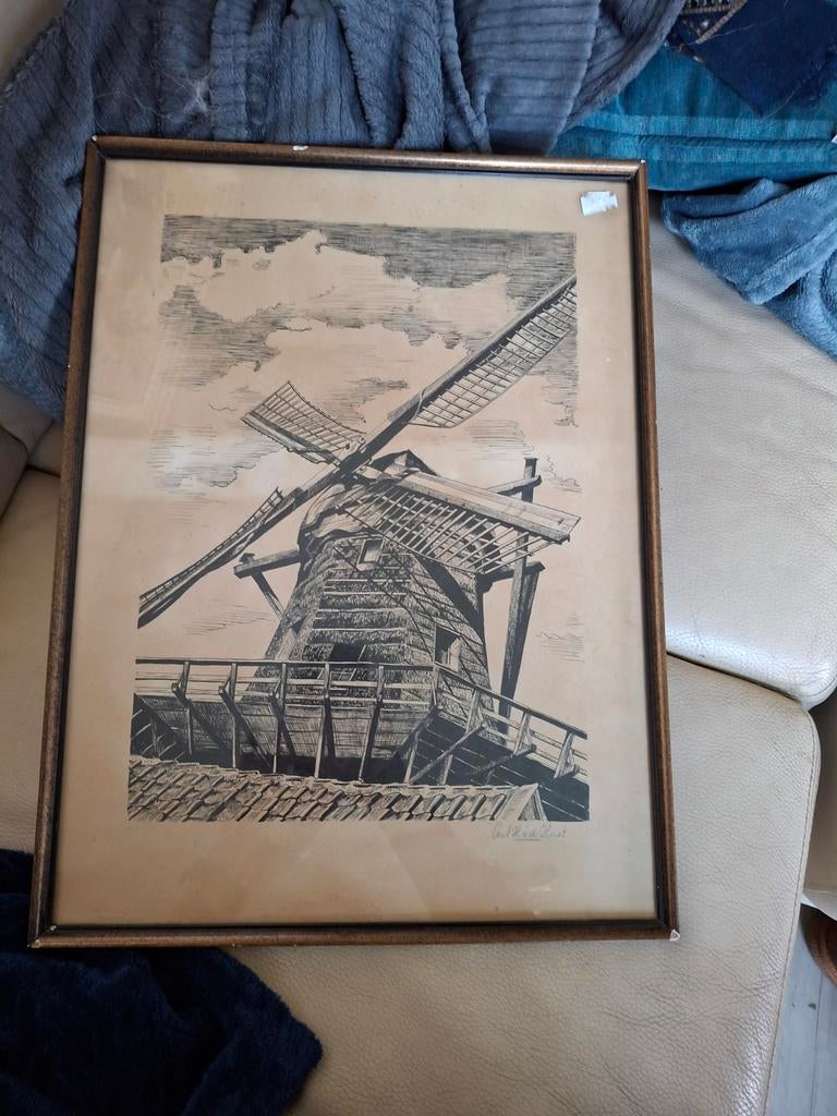 Vintage gesigneerde houtsnede van molen - verzamelitem, Ophalen